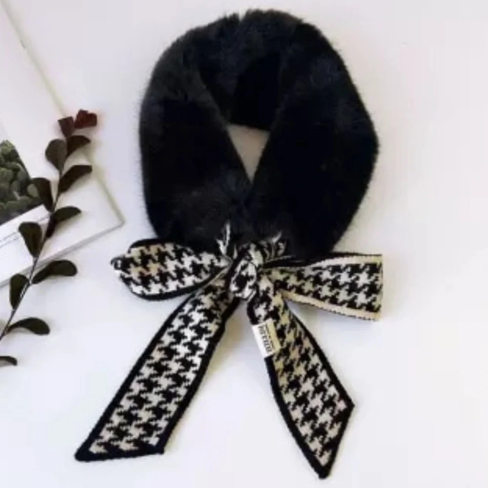 Faux Fur Neck Scarf Houndstooth Foulard Black White Tie
